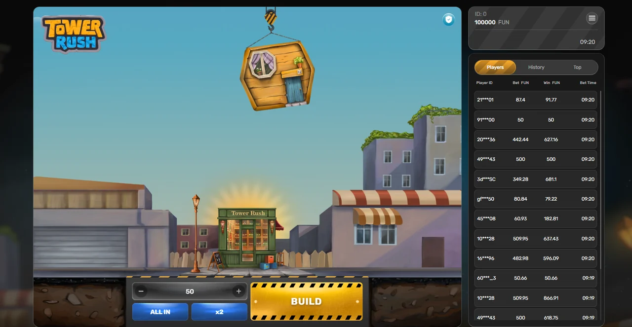 Gameplay de Tower Rush: la torre con los pisos apilados, el multiplicador y los botones Cashout y Build